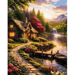 Set pictura pe numere, cu sasiu, Cabana la apus, 40x50 cm