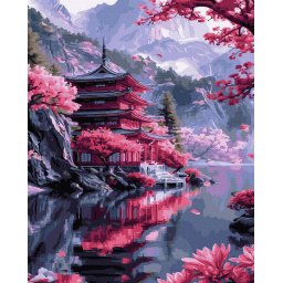 Set pictura pe numere, cu sasiu, Pagoda si sakura, 40x50 cm