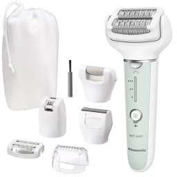 Epilator Panasonic ES-EY70AG503, cu 5 atasamente, discuri duble, cap lat flexibil, cap de barbierit, trimmer retractabil, Verde-Alb