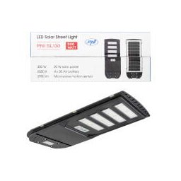 Lampa de iluminat stradal PNI SL130 300W, cu panou solar incorporat 20W, 6500K, 2900lm, 4 x acumulator 20Ah incorporat, senzor de miscare cu microunde