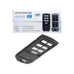 Lampa de iluminat stradal PNI SL220 200W, cu panou solar incorporat 15W, 6500K, 1700lm, 3 x acumulator 15Ah incorporat, senzor de miscare cu microunde