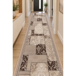 Traversa ZARRA 00744, Model Patchwork Imprimat, Tesatura Plata, Latime 0.6m, Marime 200 x 300 cm, Gri, Bej, Maro, Festonata Surfilata Tivita, Antialergica, Polipropilena, Living, Dormitor, Hol