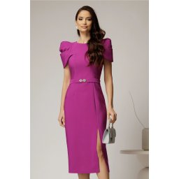Rochie DY Fashion midi magenta de ocazie cu umeri bufanti si cordon detasabil