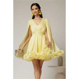 Rochie scurta galbena de ocazie cu aplicatii florale pe talie din voal peliculizat