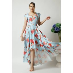 Rochie eleganta lunga din tafta bleu cu imprimeu si cordon in talie