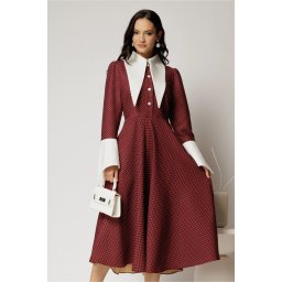 Rochie midi bordo cu buline mici si guler ascutit