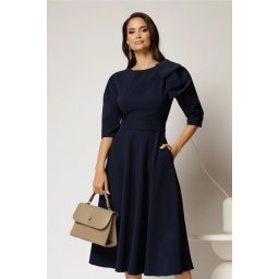 Rochie midi bleumarin clos cu funda ampla pe umar si cordon detasabil