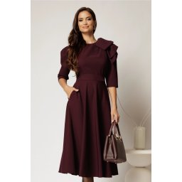 Rochie midi mov pruna clos cu funda ampla pe umar si cordon detasabil