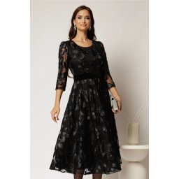 Rochie neagra cu imprimeu floral 3D si cordon catifelat
