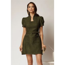 Rochie DY Fashion scurta kaki din tweed cu margele la decolteu