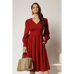 Rochie DY Fashion midi bordo cu decolteu in V si pliuri pe fusta
