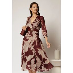 Rochie DY Fashion midi bordo din voal satinat cu imprimeu bej