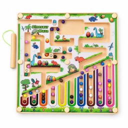 Labirint Magnetic Dinozauri, Joc educativ din lemn, 18 x 18 cm, bile colorate, stilou magnetic