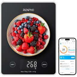 Smart cantar de bucatarie RENPHO Calibra 1L, Pana la 10 kg, 22 de functii de analiza, Sincronizare cu aplicatii mobile, TARE, mod cafea, Sticla termorezistenta, Negru