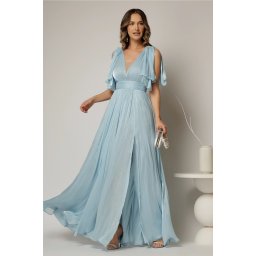Rochie DY Fashion bleu lunga de seara cu decolteu adanc si funde ample
