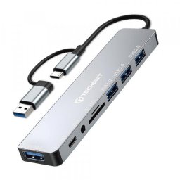 Hub USB / USB-C Techsuit H9 DataBridge, 8in1, 3 x USB 2.0 - 1 x USB 3.0 - 1 x USB-C - 1 x Jack 3.5 mm - 1 x SD - 1 x microSD, Gri
