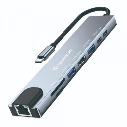 Hub USB-C Techsuit H2 NetBridge, 8in1, 2 x USB-A 3.0 - 2 x USB-C 3.2 - HDMI - Ethernet - cititor carduri - Power Delivery, Gri