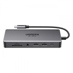 Hub USB-C UGREEN Revodok Pro 313 CM681, 2 x USB-A 3.2 - 1 x USB-A 3.0 - 2 x USB-C - 2 x HDMI - 1 x Jack 3.5mm - 1 x RJ45 - 1 x SD - 1 x microSD, Gri