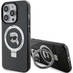Husa MagSafe pentru Apple iPhone 15 Pro, Karl Lagerfeld, Ring Stand Karl's Head, Neagra