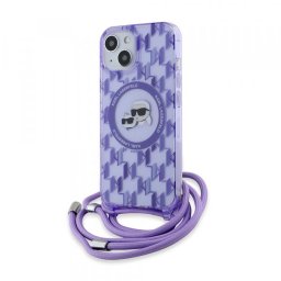 Husa MagSafe pentru Apple iPhone 15, Karl Lagerfeld, IML Crossbody Monogram Karl & Choupette's Heads, Mov