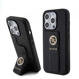 Husa pentru Apple iPhone 15 Pro Max, Guess, Grip Stand 4G Saffiano Strass, Neagra
