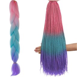Coada sintetica pentru împletituri ombre roz, alb, turcoaz si mov 60 cm