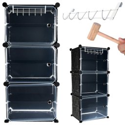 Pantofar modular cu 6 rafturi, usi transparente si cuier, negru