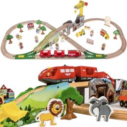 Set tren din lemn Kruzzel cu 57 piese si traseu 3,2 m