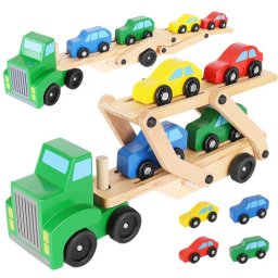 Camion din lemn cu remorca rabatabila si set 4 masinute