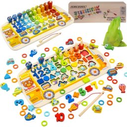 Puzzle sortator din lemn 6 în 1 educativ cu cifre si pescuit magnetic