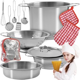 Set de vase de bucatarie pentru copii, 13 piese metalice cu rucsac