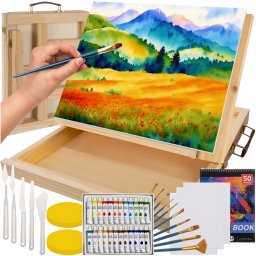 Set de pictura 45 piese Maaleo cu valiza din lemn si sevalet