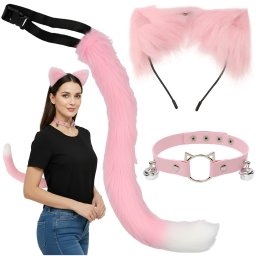 Set costum pisica roz 3 piese cu urechi, coada si zgarda Ruhhy
