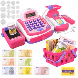 Casa de marcat de jucarie roz cu scanner, cantar si terminal card