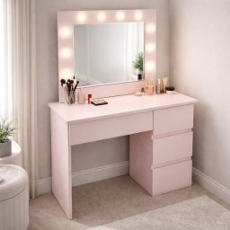 Masa de machiaj Irina roz cu oglinda LED si 4 sertare, 94x43x141 cm