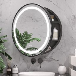 Oglinda LED rotunda cu dulap 50x50 cm, dezaburire, rama neagra si spatiu de depozitare