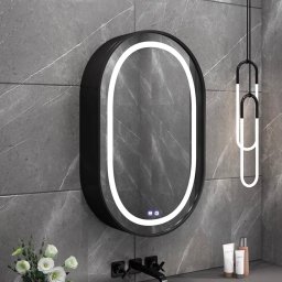 Oglinda LED ovala cu dulap 50x80 cm, dezaburire, 3 lumini, rama neagra