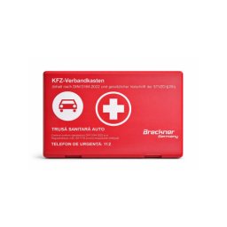 Trusa medicala auto de prim ajutor, cutie plastic rosie, DIN13164:2022