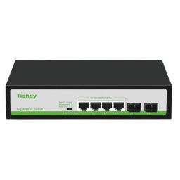 Switch PoE Tiandy cu 6 porturi, 4 PoE, 2 SFP, 60W, 12Gbps