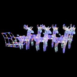 Decoratiune de Craciun cu reni si sanie, 320 LED multicolor, acril
