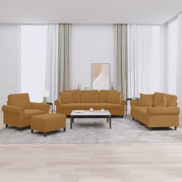 Set canapele 4 piese cu perne, maro, din catifea pentru living