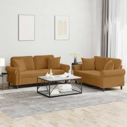 Set canapele 2 piese cu perne, maro, din catifea pentru living