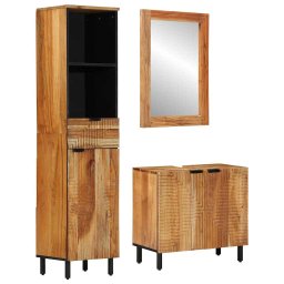 Set mobilier baie 3 piese natural cu oglinda si dulap înalt