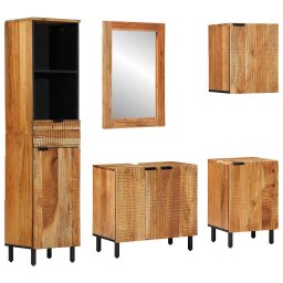 Set dulap baie 5 piese din acacia, finisaj natural, cu oglinda