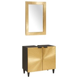 Set dulap baie 2 piese cu oglinda, negru si alama, lemn mango