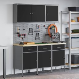 Dulap de lucru modular 8 piese cu sertare, negru, lemn si otel