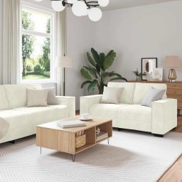 Set canapele 3 piese cu perne, crem, din catifea pentru living