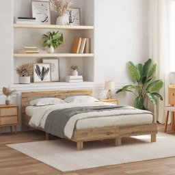 Cadru de pat cu LED, stejar artizanal, 150x200 cm, lemn prelucrat