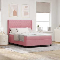Pat boxspring roz 160x200 cu saltea si LED RGB, din catifea