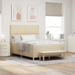 Pat tapitat crem 140x200 cu saltea, tablie si banca pentru dormitor